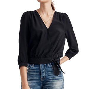 Madewell Womens Silk Wrap Top Black Tie Front 3/4 Sleeve Cropped Size XL